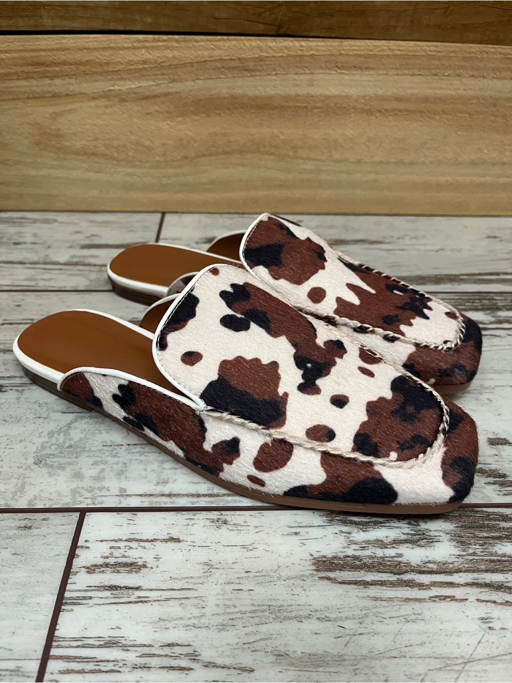 Cow Print Hair Calf Leather Square Toe Mules Womens 8 Low Heel Slip On Slides - Picture 13 of 16